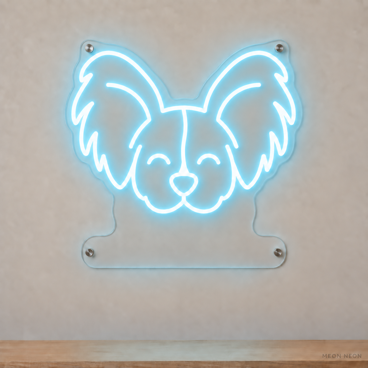 MEON NEON-watermarked concept mockup of a Ice Blue Papillon head LED neon sign with a blank acrylic area for a UV-printed breed caption or dog name.