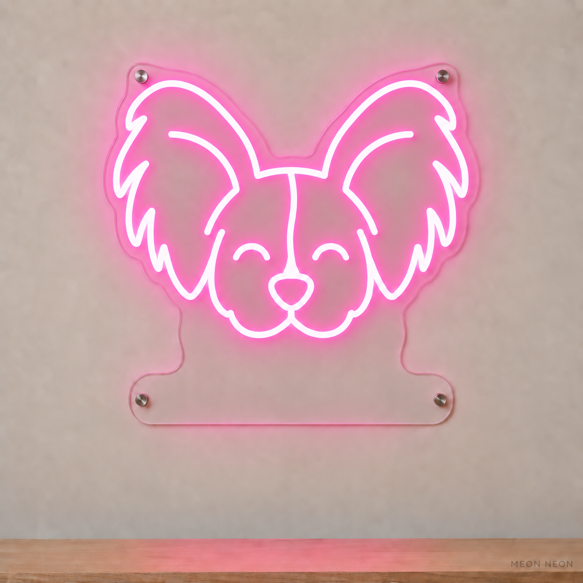 MEON NEON-watermarked concept mockup of a Pink Papillon head LED neon sign with a blank acrylic area for a UV-printed breed caption or dog name.