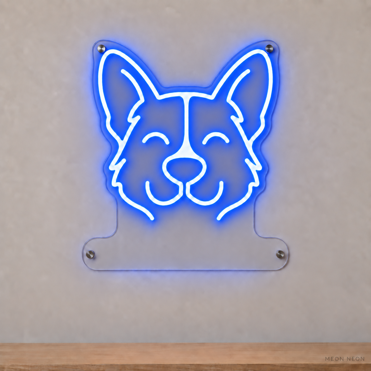 MEON NEON-watermarked concept mockup of a Blue Pembroke Welsh Corgi head LED neon sign with a blank acrylic area for a UV-printed breed caption or dog name.