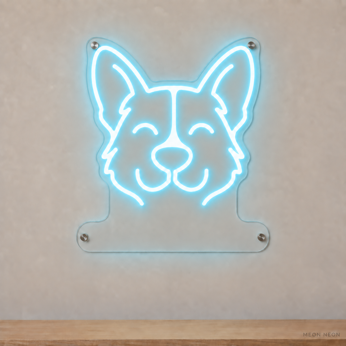 MEON NEON-watermarked concept mockup of a Ice Blue Pembroke Welsh Corgi head LED neon sign with a blank acrylic area for a UV-printed breed caption or dog name.