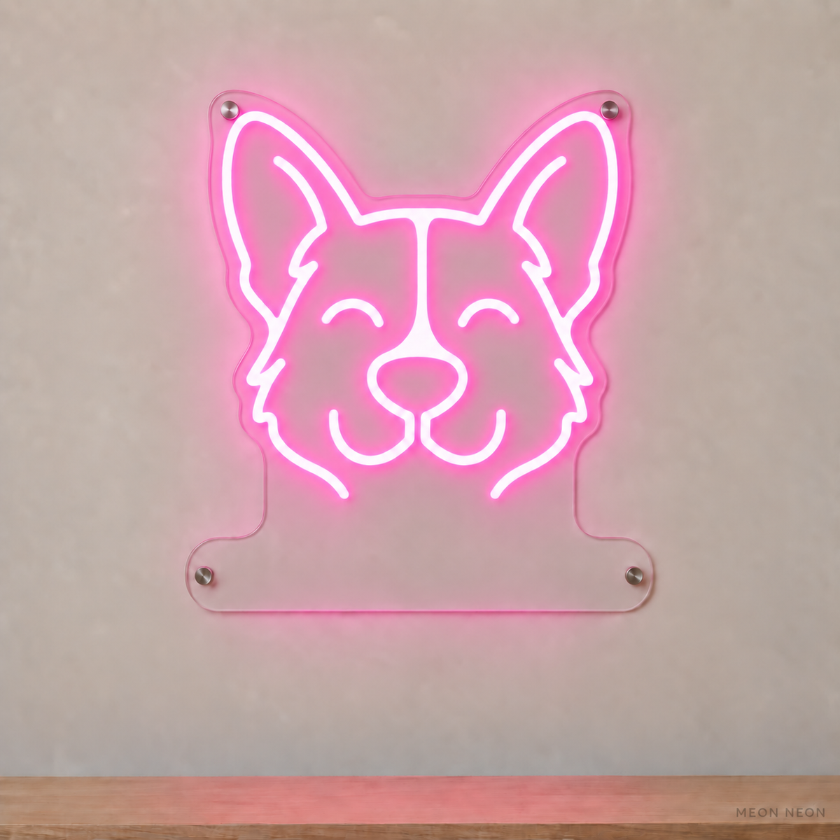MEON NEON-watermarked concept mockup of a Pink Pembroke Welsh Corgi head LED neon sign with a blank acrylic area for a UV-printed breed caption or dog name.