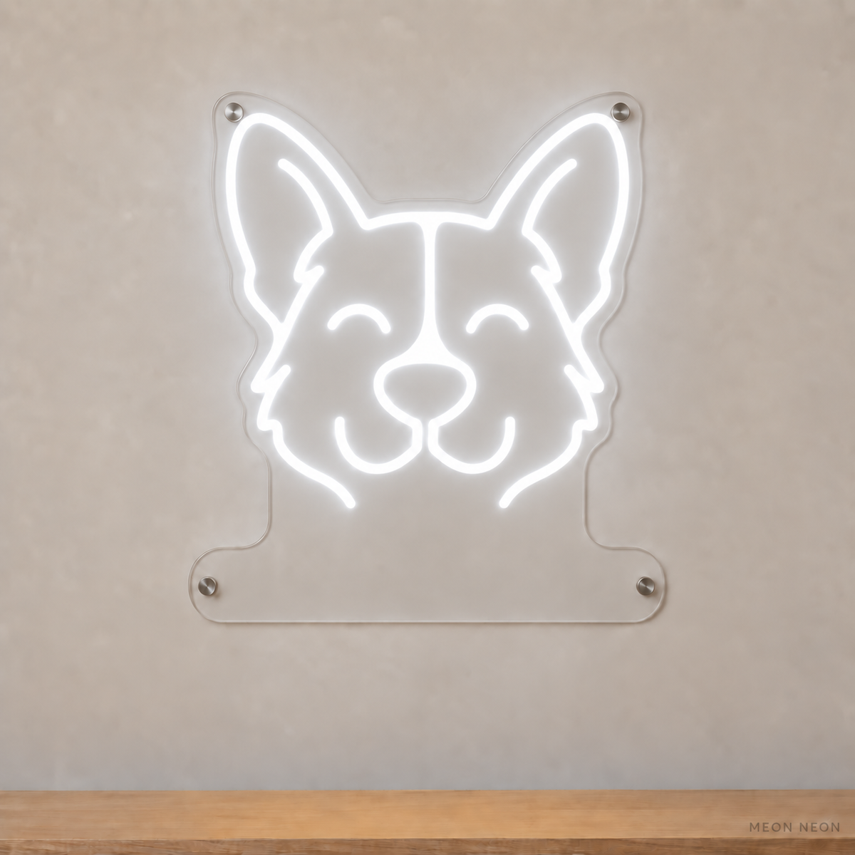 MEON NEON-watermarked concept mockup of a White Pembroke Welsh Corgi head LED neon sign with a blank acrylic area for a UV-printed breed caption or dog name.