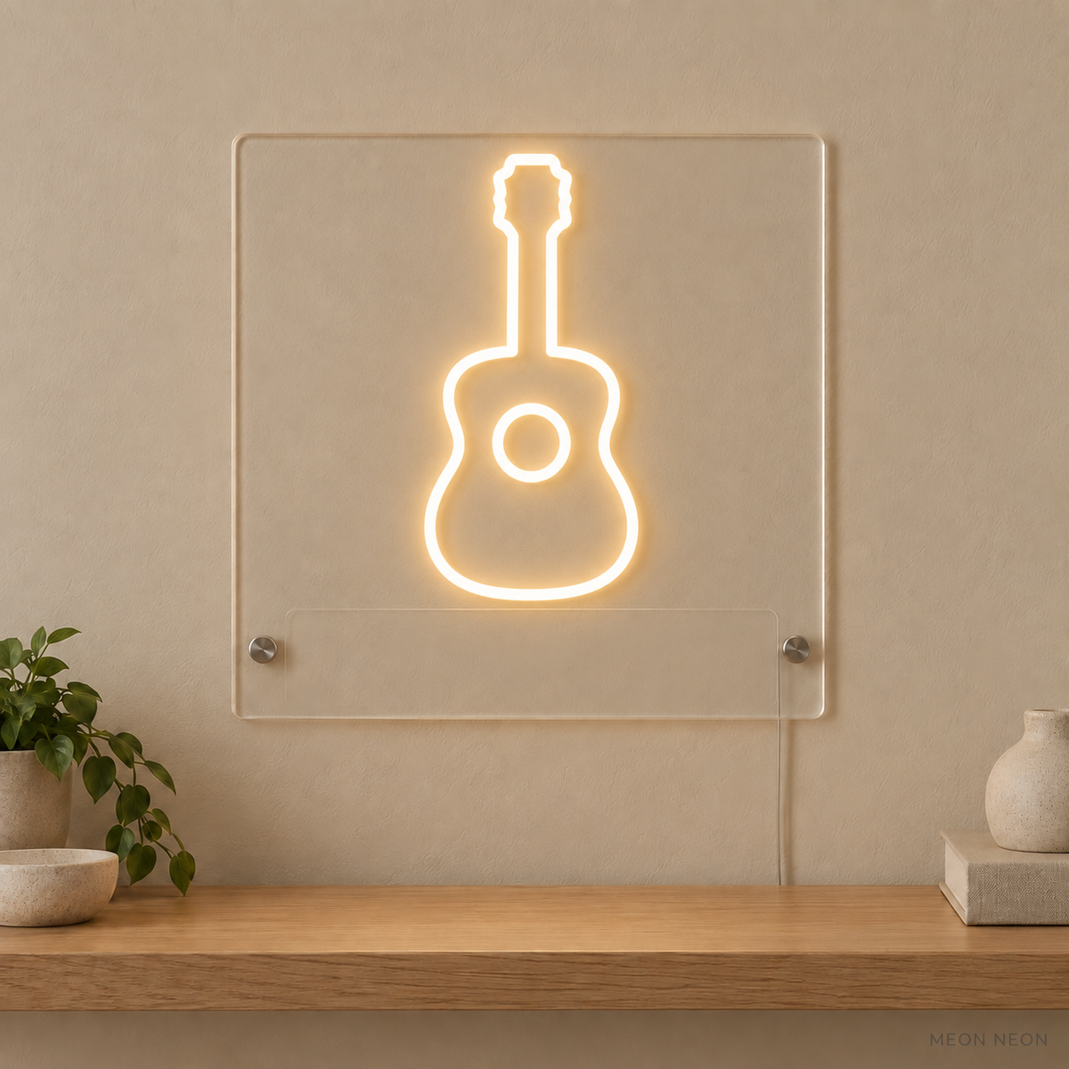 Personalized Acoustic Guitar LED neon sign concept in Warm White with a blank area for printed text; MEON NEON watermark
