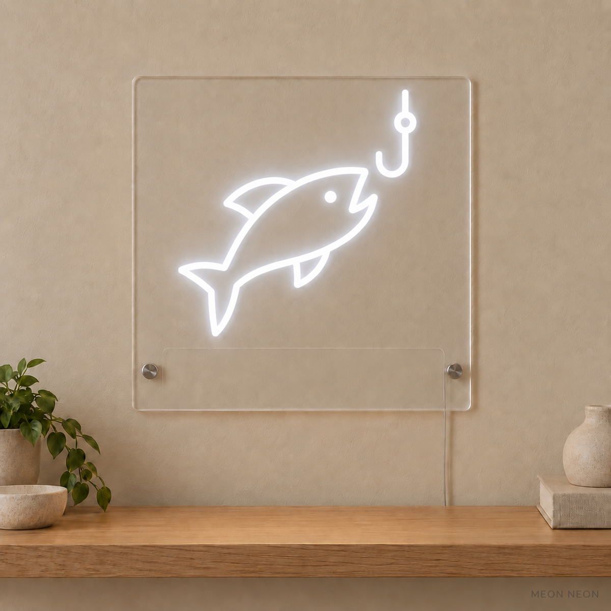 Personalized Fishing Catch LED neon sign concept in White with a blank area for printed text; MEON NEON watermark