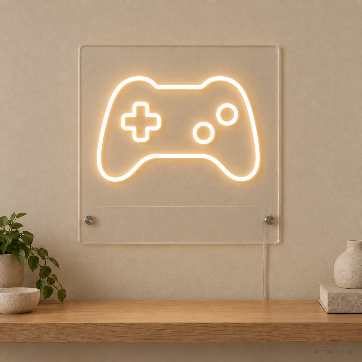 Personalized Game Controller LED neon sign concept in Warm White with a blank area for printed text; MEON NEON watermark