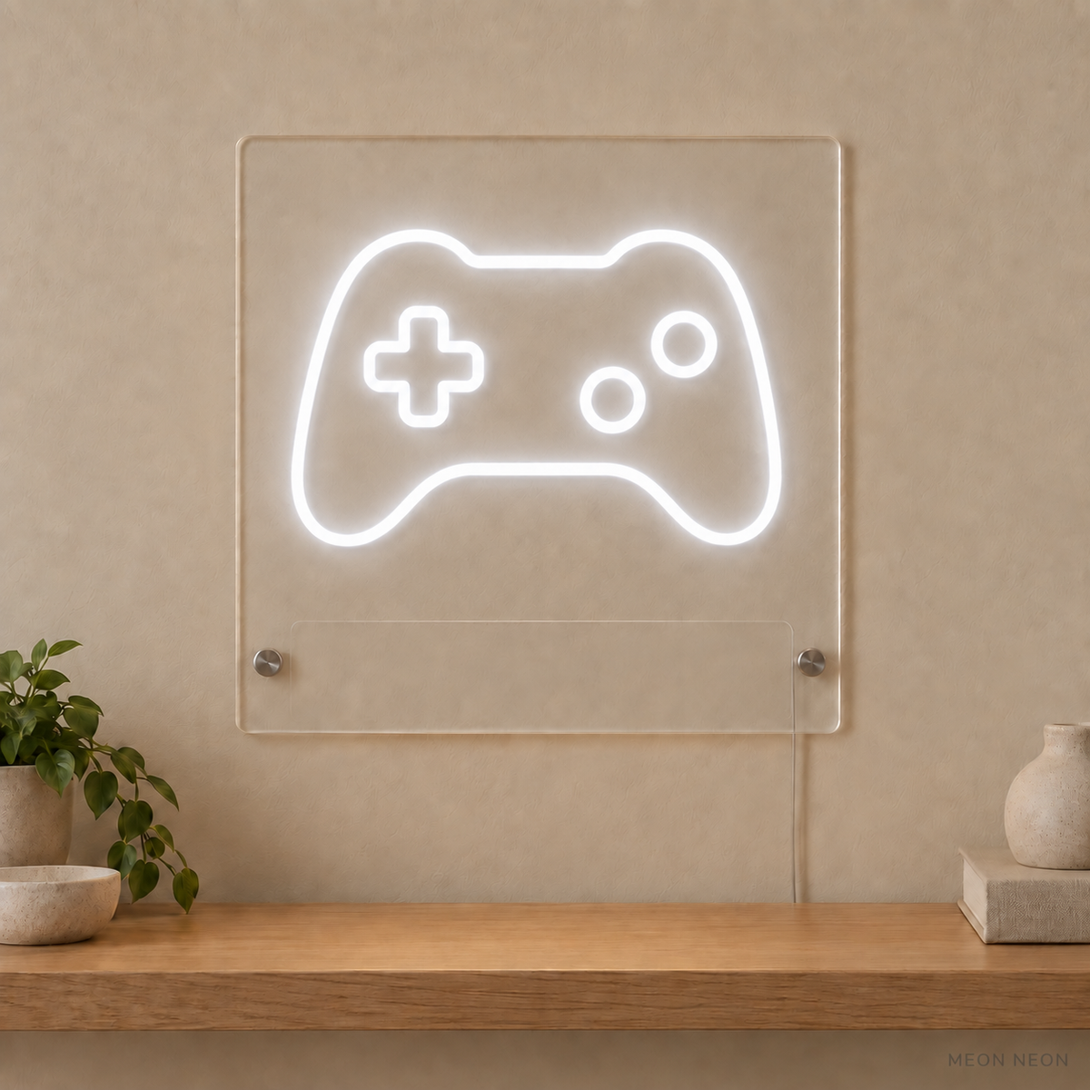 Personalized Game Controller LED neon sign concept in White with a blank area for printed text; MEON NEON watermark