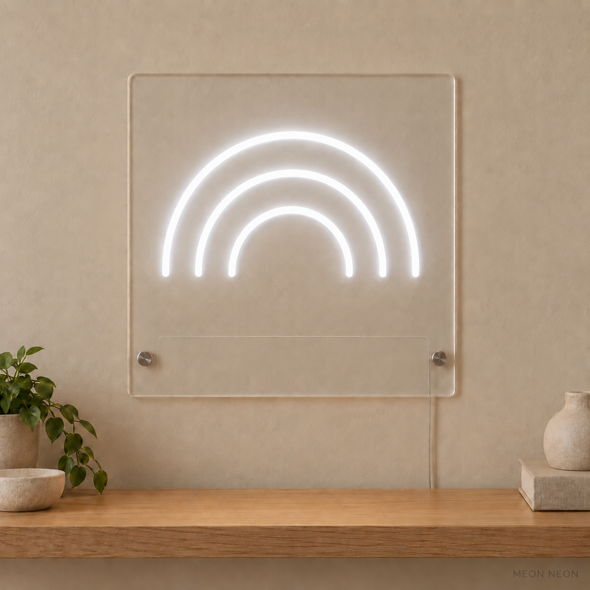 Personalized Little Rainbow LED neon sign concept in White with a blank area for printed text; MEON NEON watermark