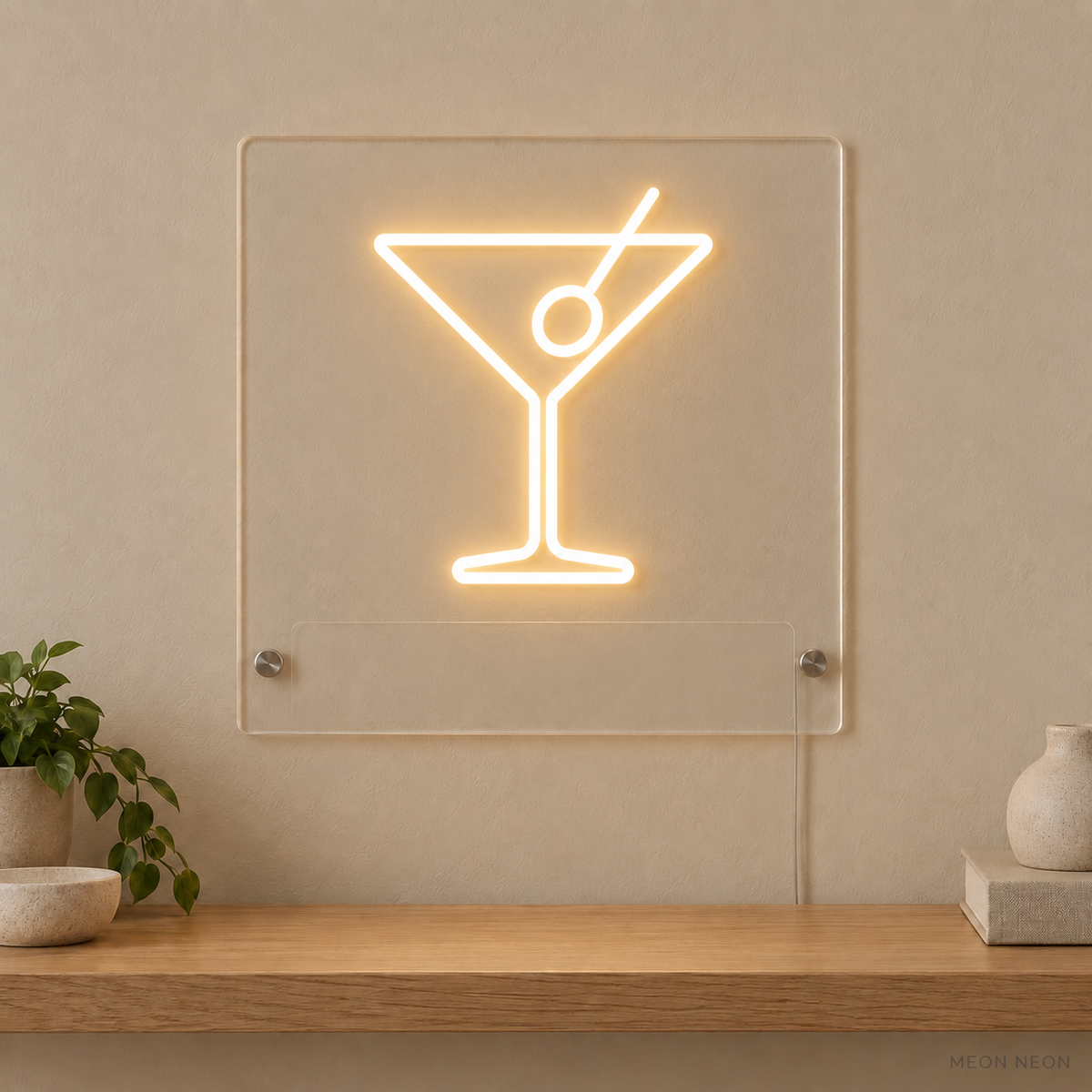 Personalized Martini Glass LED neon sign concept in Warm White with a blank area for printed text; MEON NEON watermark