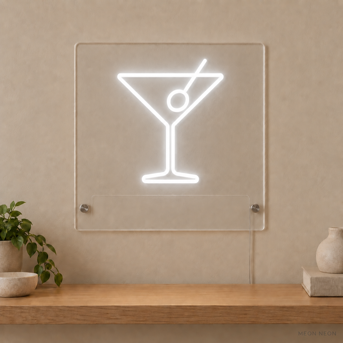Personalized Martini Glass LED neon sign concept in White with a blank area for printed text; MEON NEON watermark