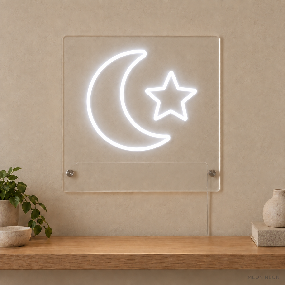 Personalized Moon and Star LED neon sign concept in White with a blank area for printed text; MEON NEON watermark