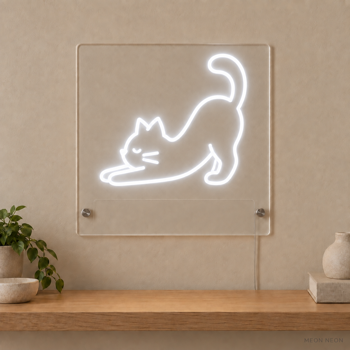 Personalized Playful Cat LED neon sign concept in White with a blank area for printed text; MEON NEON watermark