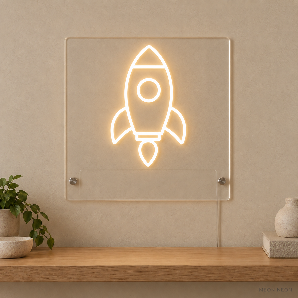 Personalized Space Rocket LED neon sign concept in Warm White with a blank area for printed text; MEON NEON watermark