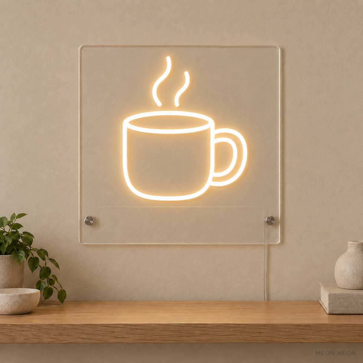 Personalized Steaming Mug LED neon sign concept in Warm White with a blank area for printed text; MEON NEON watermark