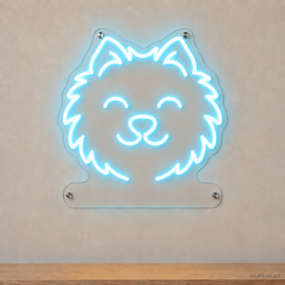 MEON NEON-watermarked concept mockup of a Ice Blue Pomeranian head LED neon sign with a blank acrylic area for a UV-printed breed caption or dog name.