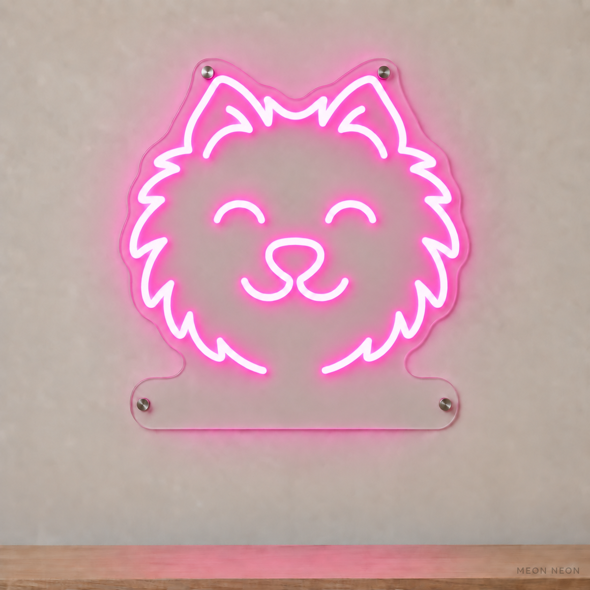 MEON NEON-watermarked concept mockup of a Pink Pomeranian head LED neon sign with a blank acrylic area for a UV-printed breed caption or dog name.