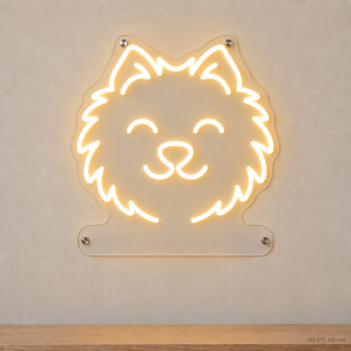 MEON NEON-watermarked concept mockup of a Warm White Pomeranian head LED neon sign with a blank acrylic area for a UV-printed breed caption or dog name.