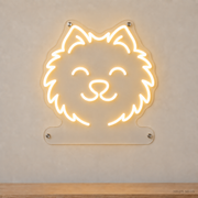 MEON NEON-watermarked concept mockup of a Warm White Pomeranian head LED neon sign with a blank acrylic area for a UV-printed breed caption or dog name.