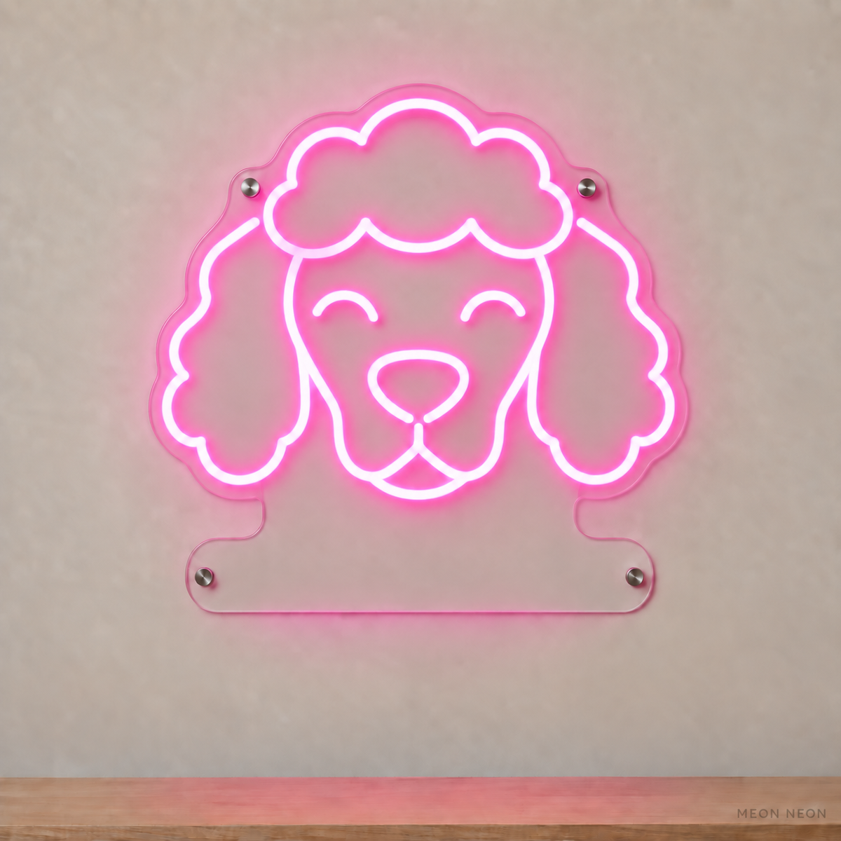 MEON NEON-watermarked concept mockup of a Pink Poodle head LED neon sign with a blank acrylic area for a UV-printed breed caption or dog name.