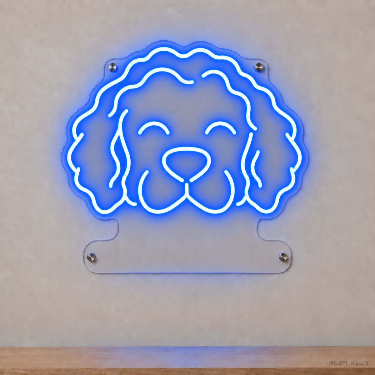 MEON NEON-watermarked concept mockup of a Blue Portuguese Water Dog head LED neon sign with a blank acrylic area for a UV-printed breed caption or dog name.