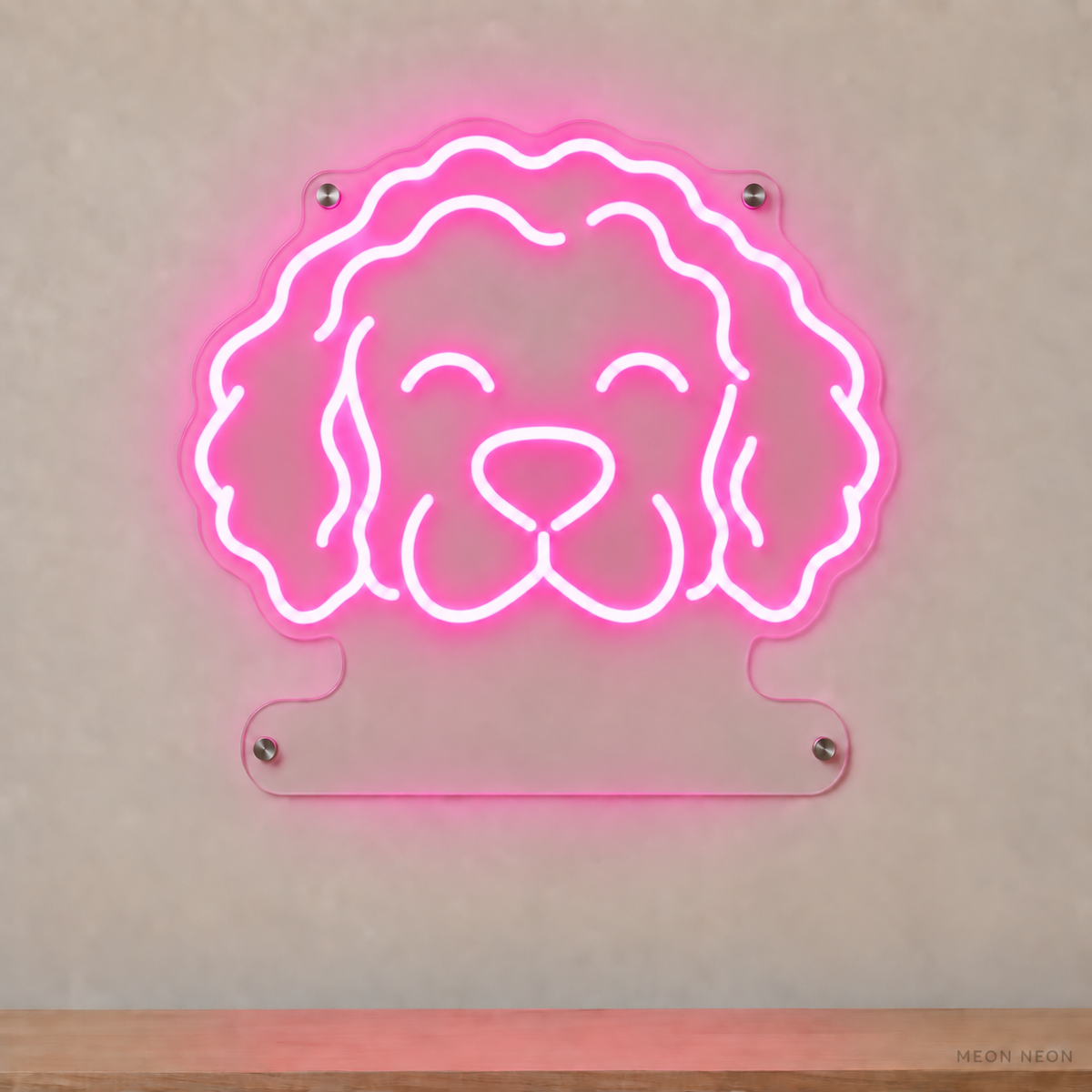 MEON NEON-watermarked concept mockup of a Pink Portuguese Water Dog head LED neon sign with a blank acrylic area for a UV-printed breed caption or dog name.
