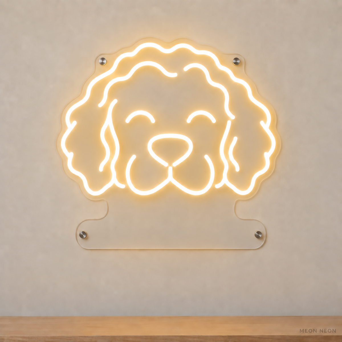 MEON NEON-watermarked concept mockup of a Warm White Portuguese Water Dog head LED neon sign with a blank acrylic area for a UV-printed breed caption or dog name.