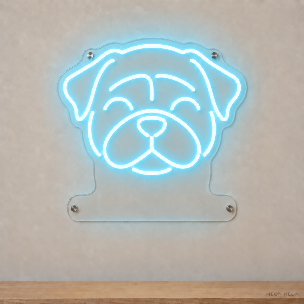 MEON NEON-watermarked concept mockup of a Ice Blue Pug head LED neon sign with a blank acrylic area for a UV-printed breed caption or dog name.