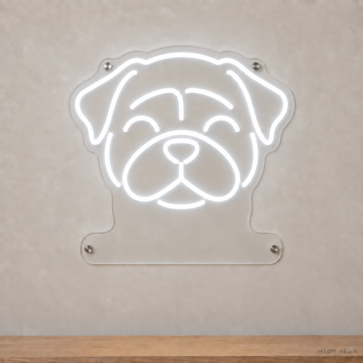 MEON NEON-watermarked concept mockup of a White Pug head LED neon sign with a blank acrylic area for a UV-printed breed caption or dog name.