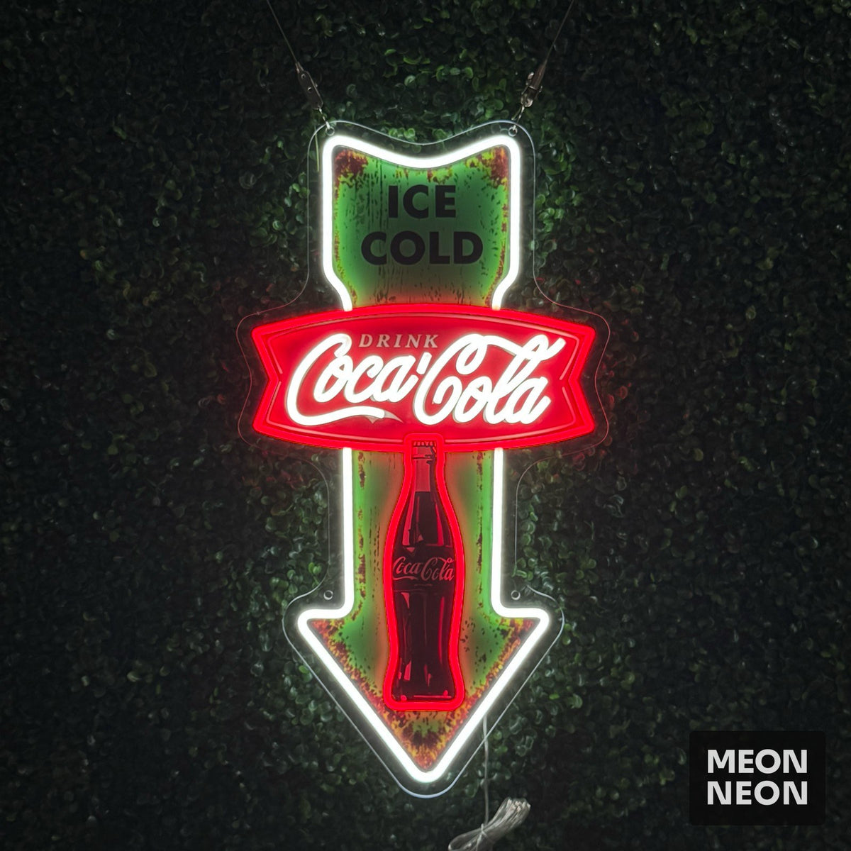 Retro Cola Arrow LED Neon Sign, real photo of a finished Meon Neon sign, lit