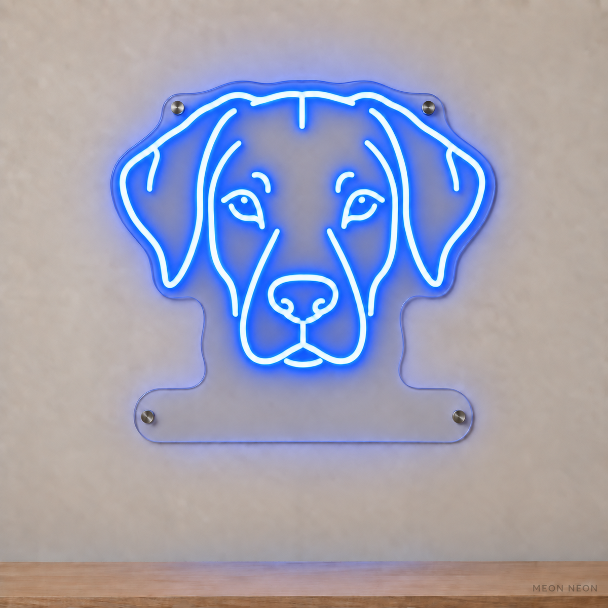 MEON NEON-watermarked concept mockup of a Blue Rhodesian Ridgeback head LED neon sign with a blank acrylic area for a UV-printed breed caption or dog name.