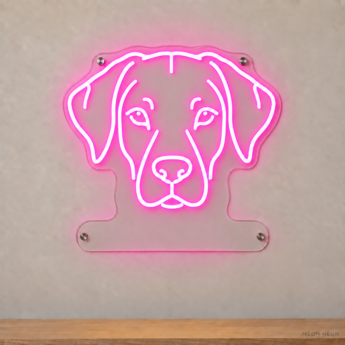 MEON NEON-watermarked concept mockup of a Pink Rhodesian Ridgeback head LED neon sign with a blank acrylic area for a UV-printed breed caption or dog name.