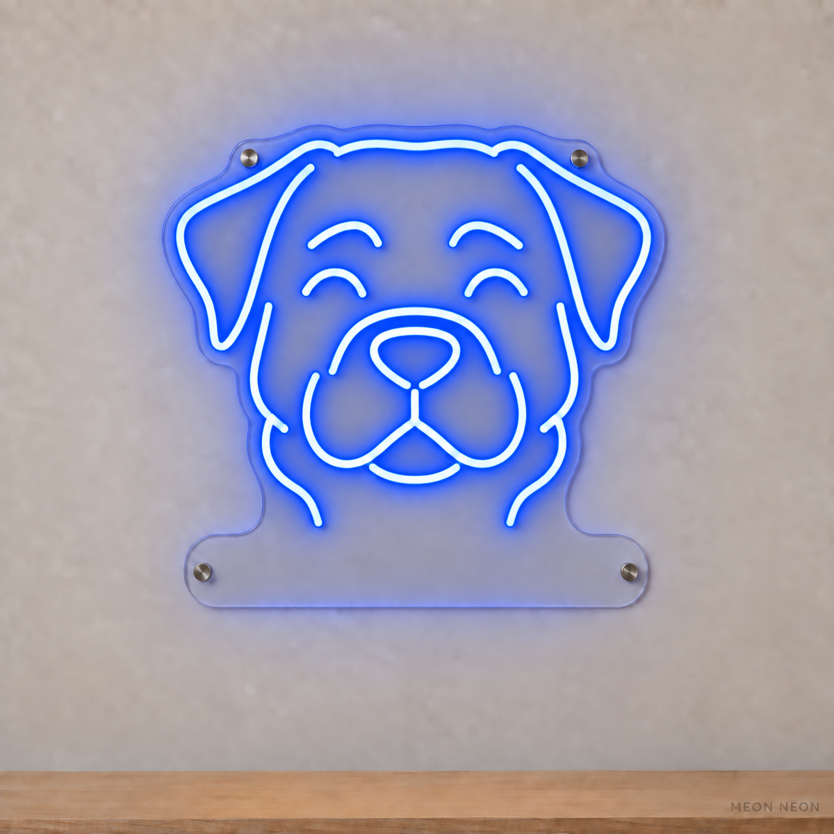 MEON NEON-watermarked concept mockup of a Blue Rottweiler head LED neon sign with a blank acrylic area for a UV-printed breed caption or dog name.