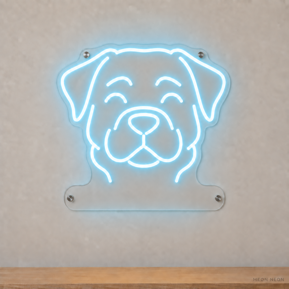 MEON NEON-watermarked concept mockup of a Ice Blue Rottweiler head LED neon sign with a blank acrylic area for a UV-printed breed caption or dog name.