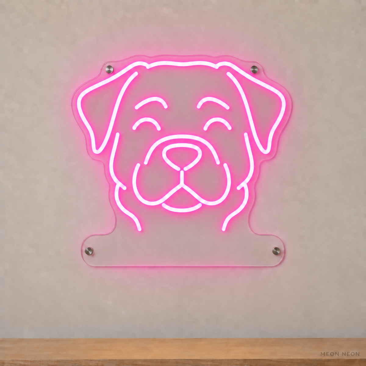MEON NEON-watermarked concept mockup of a Pink Rottweiler head LED neon sign with a blank acrylic area for a UV-printed breed caption or dog name.