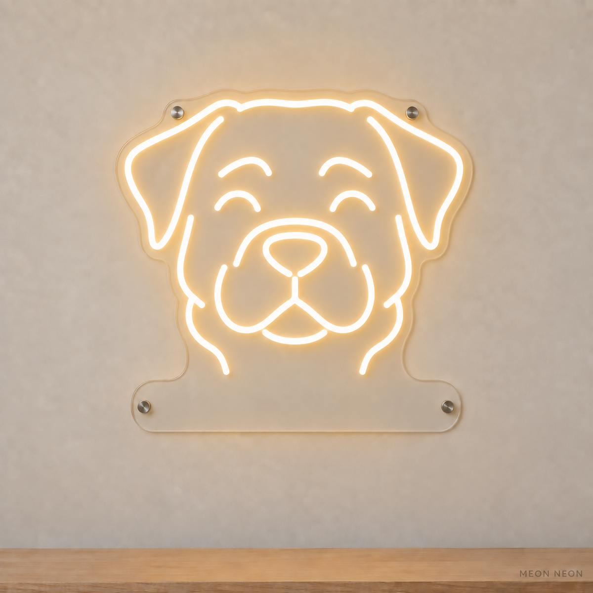 MEON NEON-watermarked concept mockup of a Warm White Rottweiler head LED neon sign with a blank acrylic area for a UV-printed breed caption or dog name.