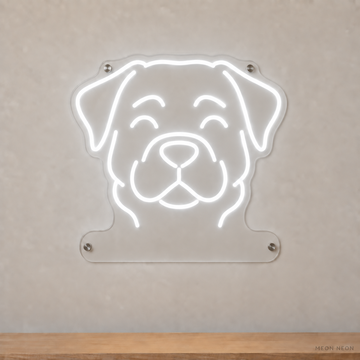 MEON NEON-watermarked concept mockup of a White Rottweiler head LED neon sign with a blank acrylic area for a UV-printed breed caption or dog name.
