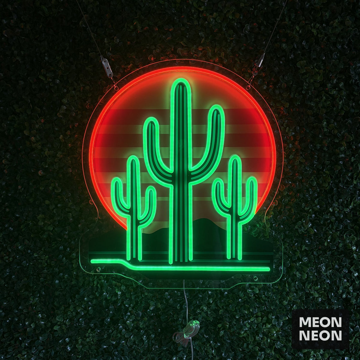 Saguaro Sunset LED Neon Sign, real photo of a finished Meon Neon sign, lit