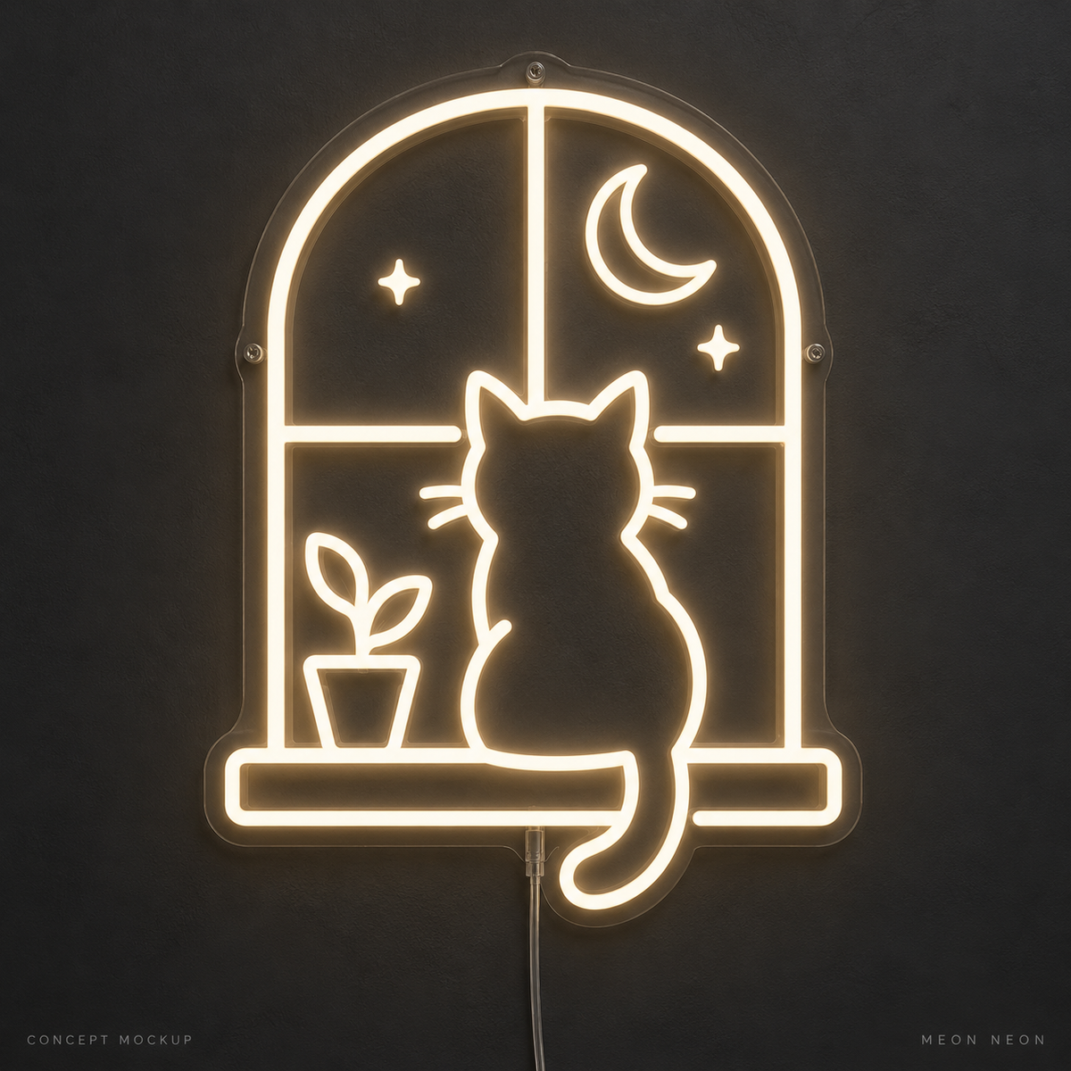 Cat Window Warm White LED neon concept mockup
