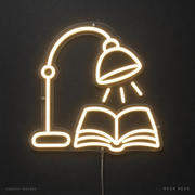Reading Lamp and Book Warm White LED neon concept mockup