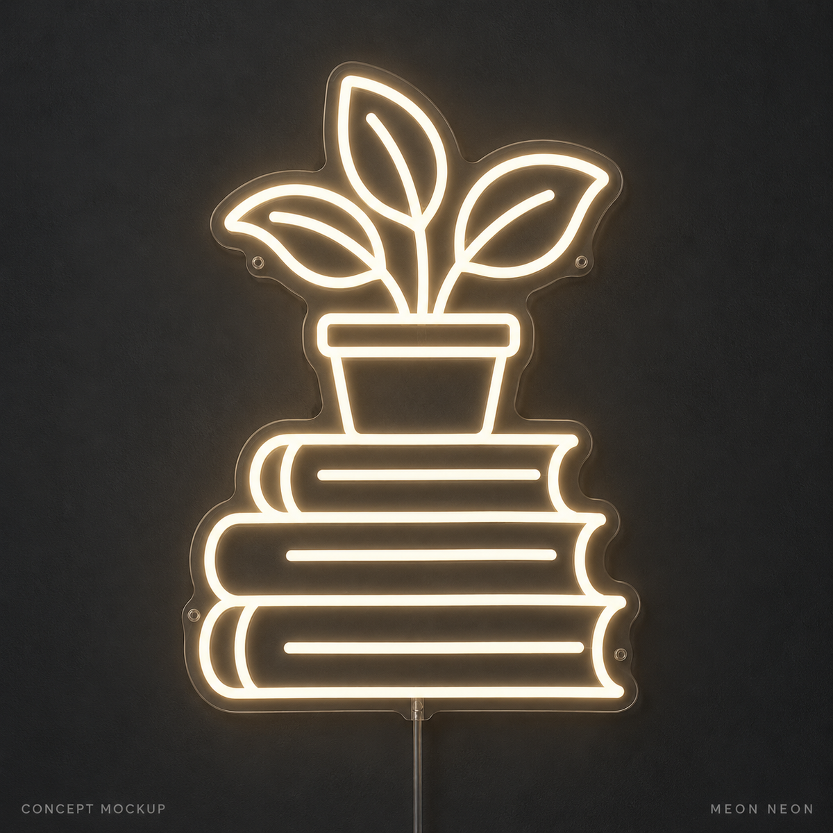 Book Stack Plant Warm White LED neon concept mockup
