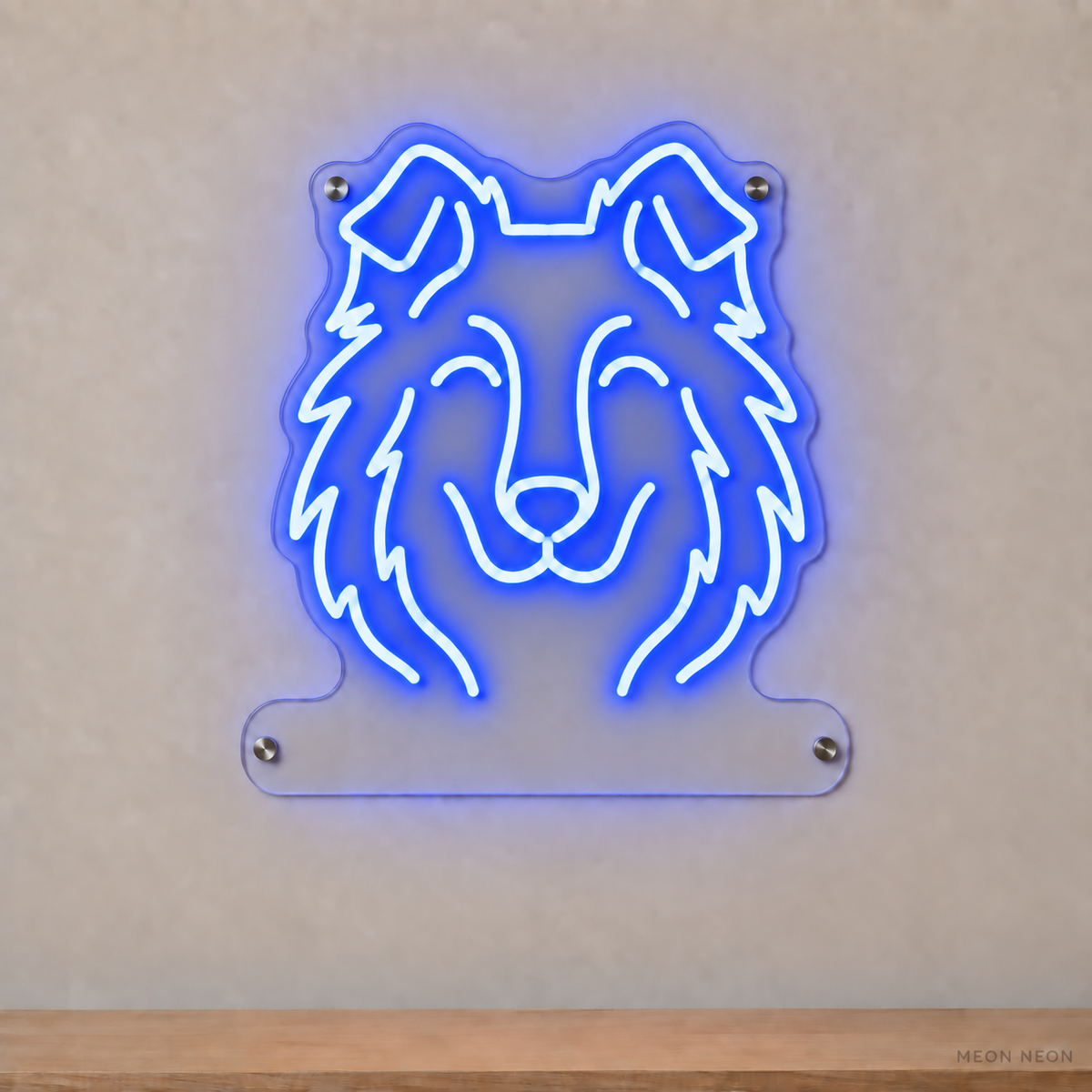 MEON NEON-watermarked concept mockup of a Blue Shetland Sheepdog head LED neon sign with a blank acrylic area for a UV-printed breed caption or dog name.