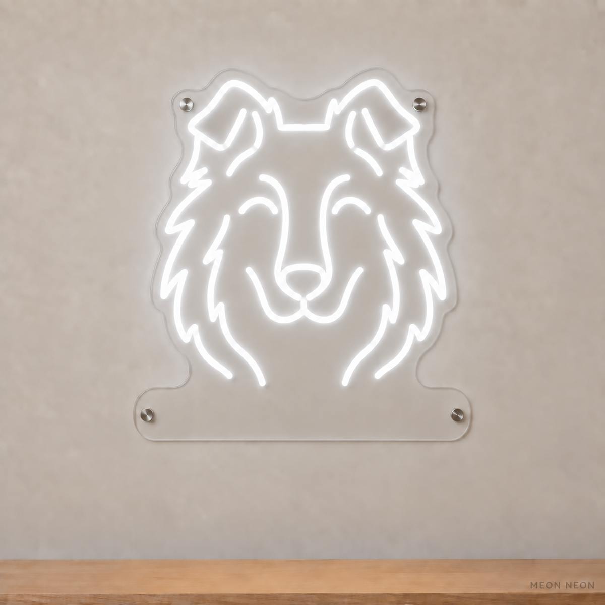MEON NEON-watermarked concept mockup of a White Shetland Sheepdog head LED neon sign with a blank acrylic area for a UV-printed breed caption or dog name.