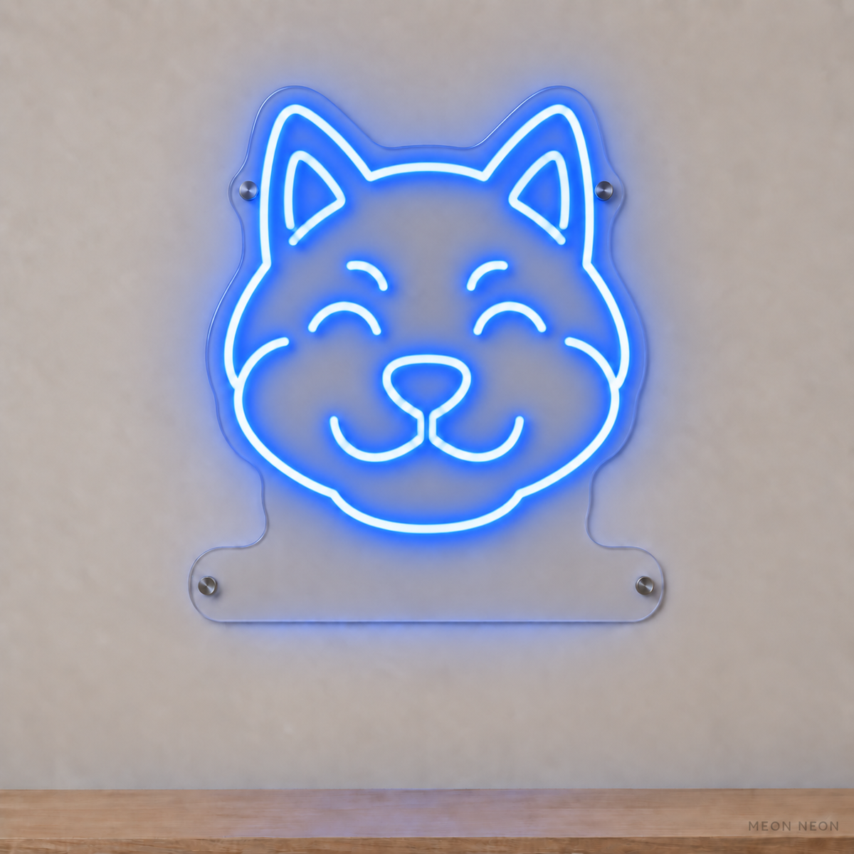 MEON NEON-watermarked concept mockup of a Blue Shiba Inu head LED neon sign with a blank acrylic area for a UV-printed breed caption or dog name.