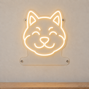 MEON NEON-watermarked concept mockup of a Warm White Shiba Inu head LED neon sign with a blank acrylic area for a UV-printed breed caption or dog name.
