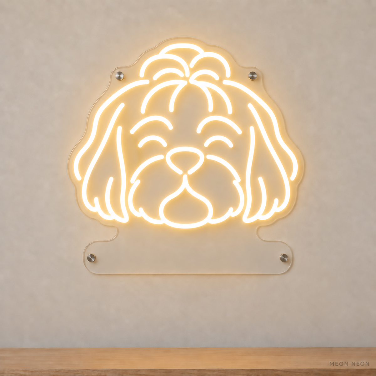 MEON NEON-watermarked concept mockup of a Warm White Shih Tzu head LED neon sign with a blank acrylic area for a UV-printed breed caption or dog name.