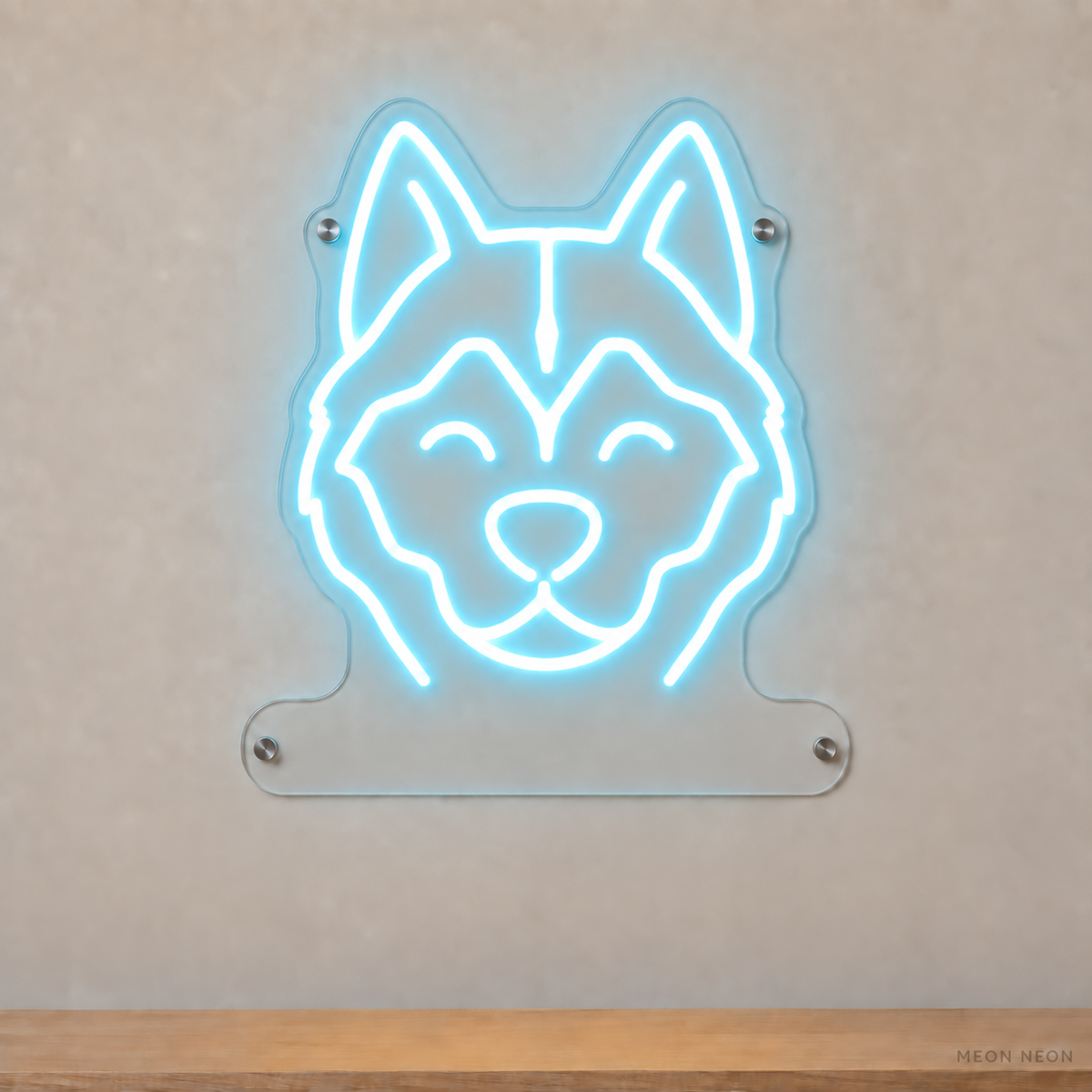MEON NEON-watermarked concept mockup of a Ice Blue Siberian Husky head LED neon sign with a blank acrylic area for a UV-printed breed caption or dog name.