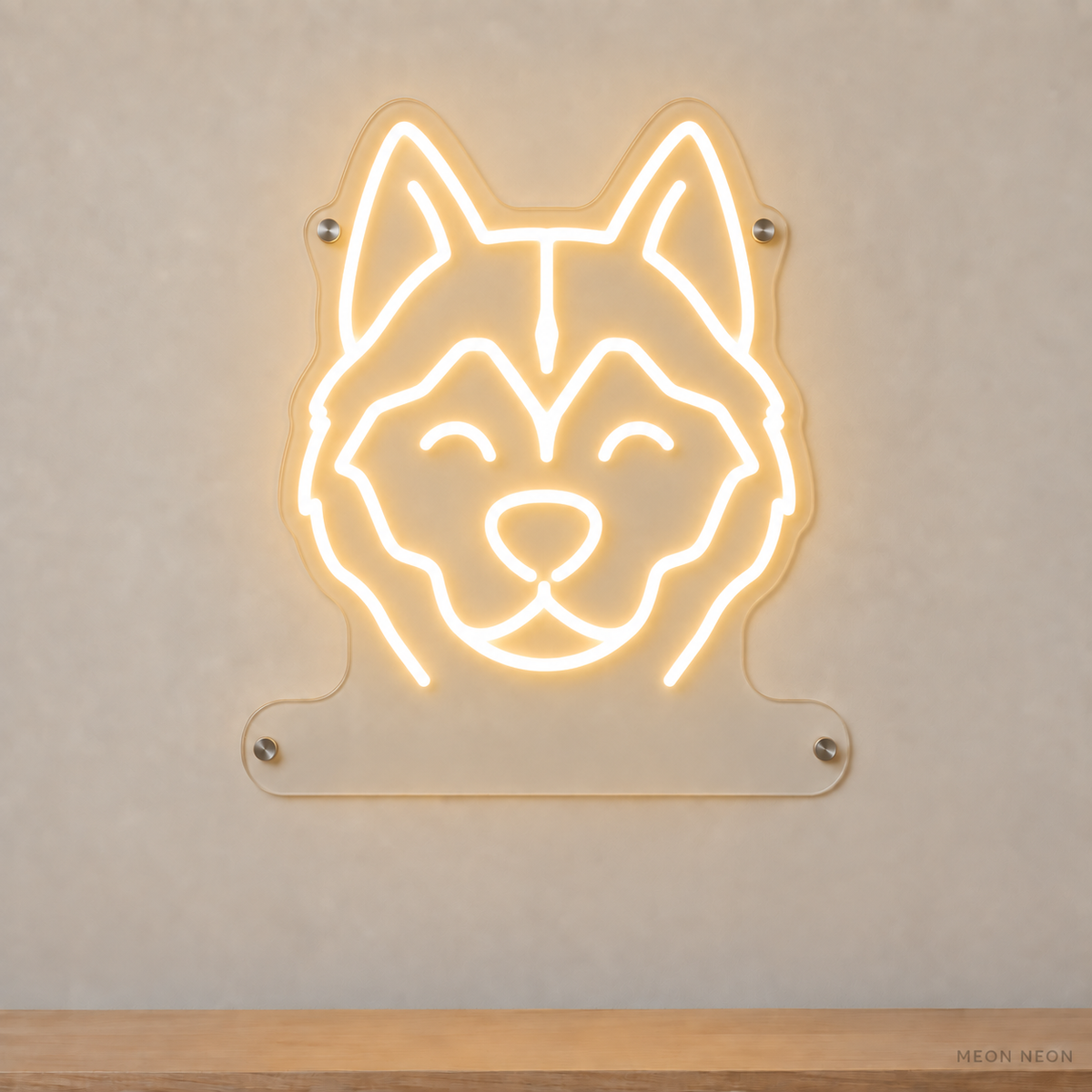 MEON NEON-watermarked concept mockup of a Warm White Siberian Husky head LED neon sign with a blank acrylic area for a UV-printed breed caption or dog name.