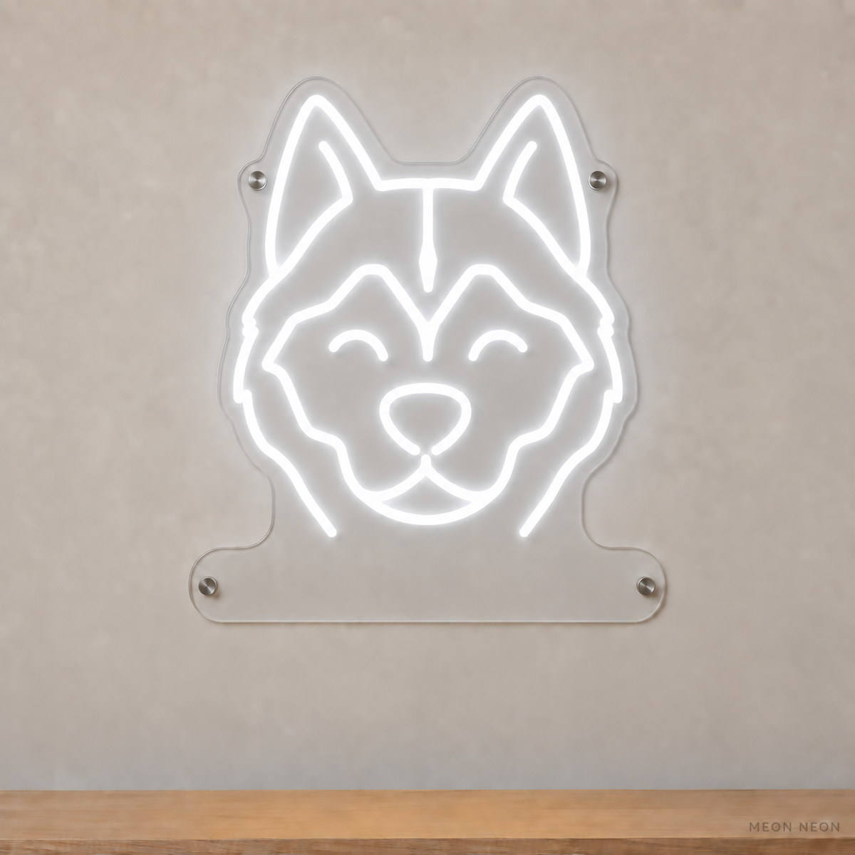MEON NEON-watermarked concept mockup of a White Siberian Husky head LED neon sign with a blank acrylic area for a UV-printed breed caption or dog name.