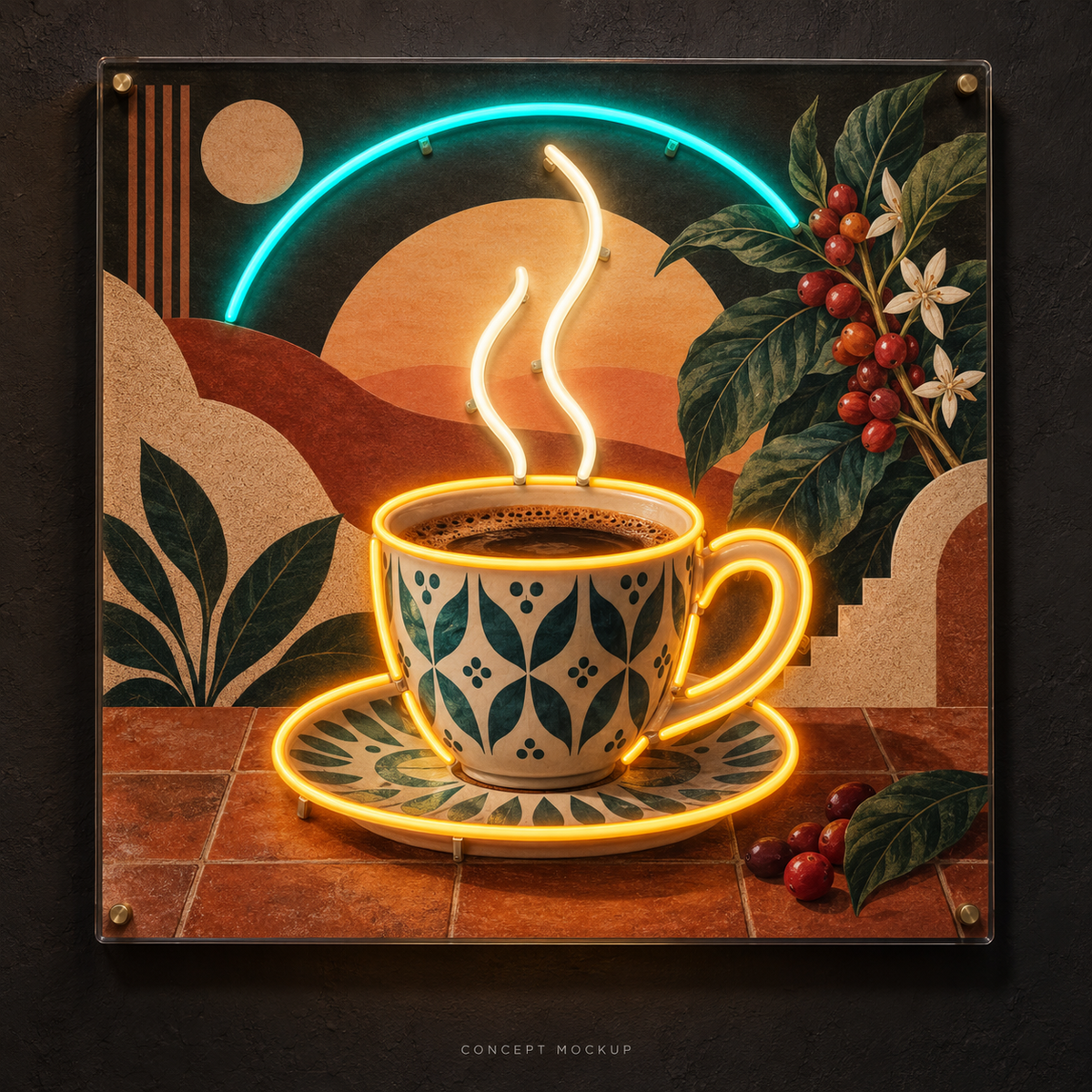 Sunrise Espresso UV Print LED Neon Art concept mockup showing detailed UV-printed artwork and Amber / Warm White / Teal LED neon accents