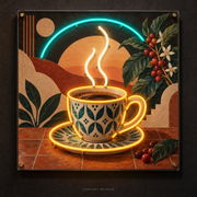 Sunrise Espresso UV Print LED Neon Art concept mockup showing detailed UV-printed artwork and Amber / Warm White / Teal LED neon accents