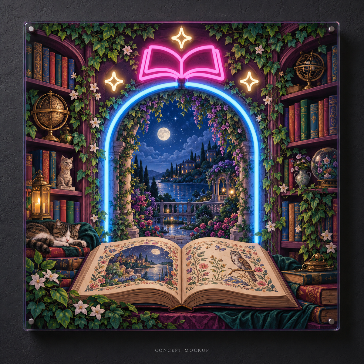 Secret Garden Library UV Print LED Neon Art concept mockup showing detailed UV-printed artwork and Pink / Ice Blue / Warm White LED neon accents